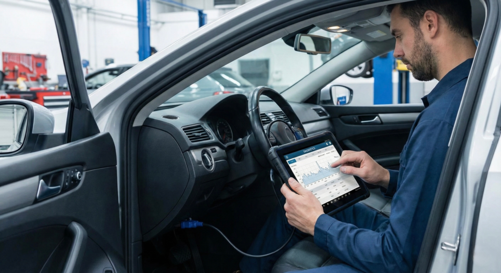 A metroplex programming technician in a blue jumpsuit reflashing a vehicles ECU