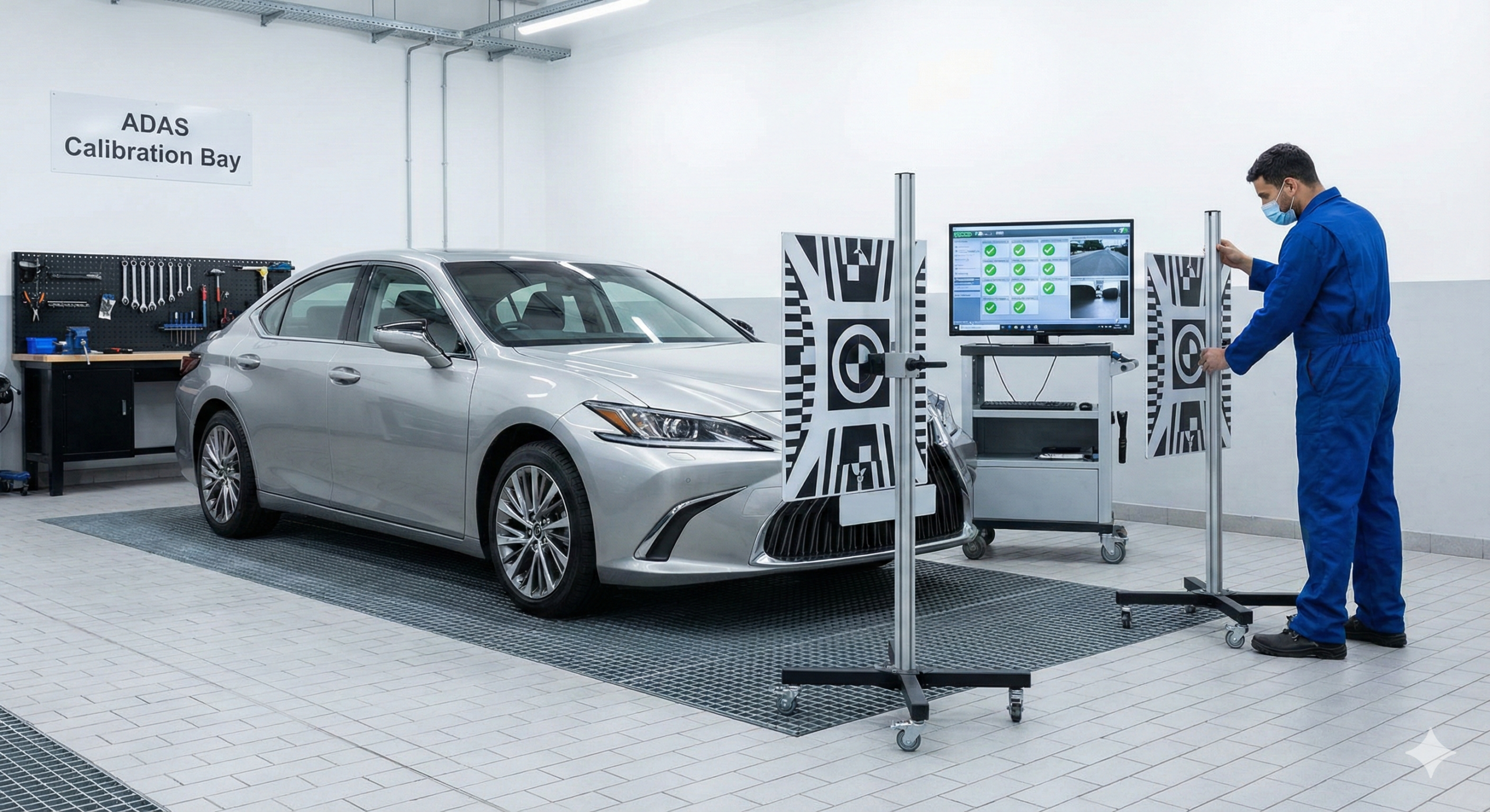 A technician in a blue jumpsuit setting the laser calibration targets for an ADAS calibration on a silver lexus sedan in the background. A large monitor to the right shows the ADAS issues he is diagnosing and repairing.
