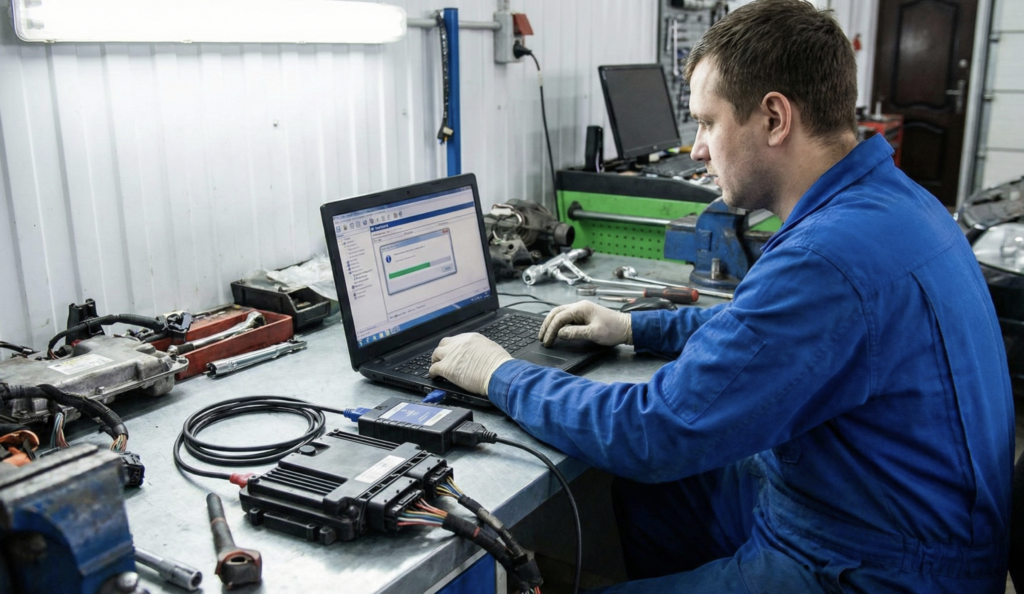 A metroplex programming employee in a blue jumpsuit sitting in front of a computer with a car computer module hooked up, diagnosing ECM issues.
