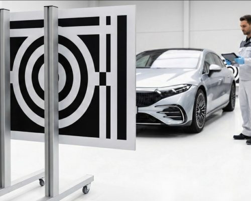 An ADAS repair tech in a white jacket with gray shoulder accents holding a tablet in front of a silver sedan and an ADAS calibration device in a white garage.