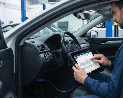 A man in a blue jumpsuit sitting in the drivers seat of a car with a computer tablet style scan tool diagnosing electrical issues