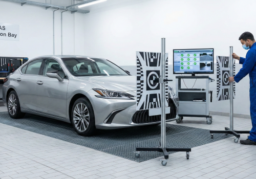 A technician in a blue jumpsuit setting the laser calibration targets for an ADAS calibration on a silver lexus sedan in the background. A large monitor to the right shows the ADAS issues he is diagnosing and repairing.